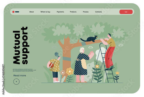 Mutual Support: Rescue cat from tree -modern flat vector concept illustration of elderly woman and man on a ladder under the tree Metaphor of voluntary, collaborative exchanges of resource, services