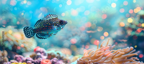 Vibrant chromis among colorful corals in saltwater aquarium creating mesmerizing underwater scene. © Ilja