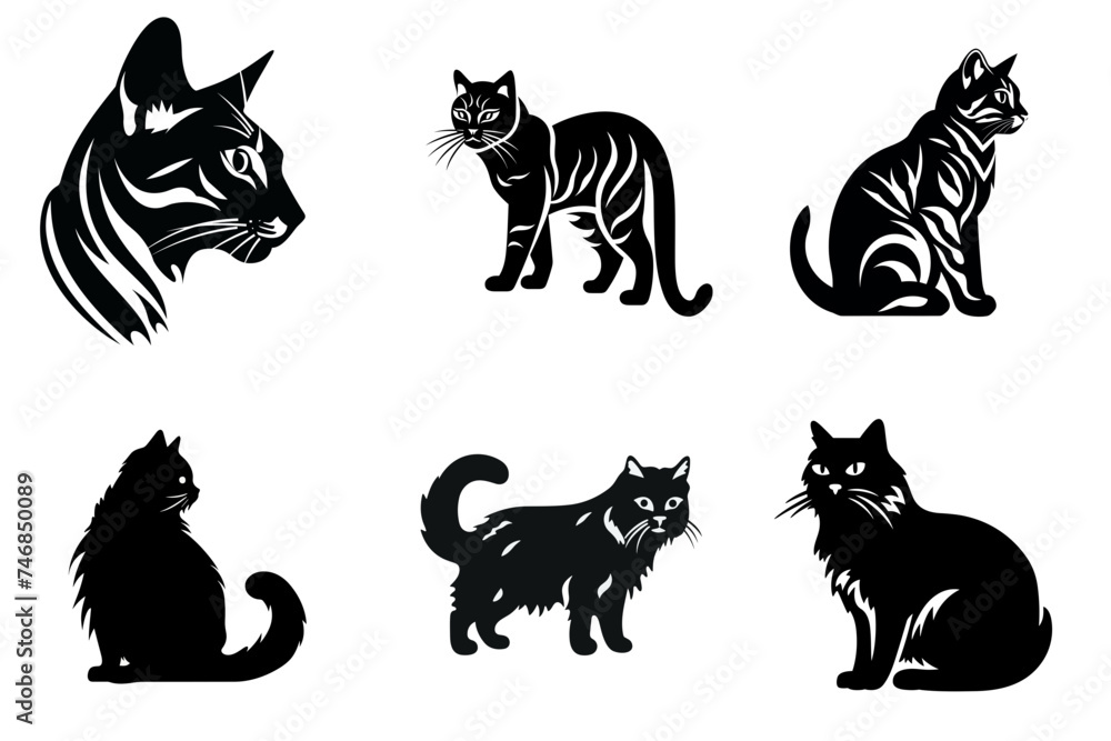Fototapeta premium set of cats black and white vector illustration isolated transparent background logo, cut out or cutout t-shirt print design