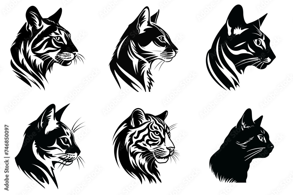 set of cats black and white vector illustration isolated transparent background logo, cut out or cutout t-shirt print design set of cats black and white vector illustration isolated transparent background logo, cut out or cutout t-shirt print design