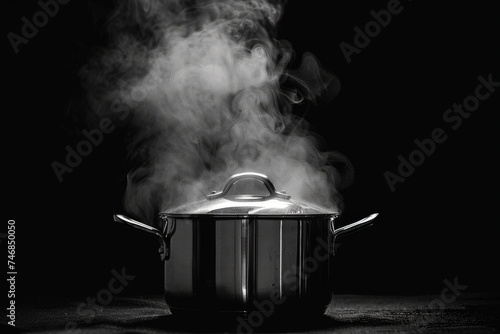 Pot steaming on dark backdrop