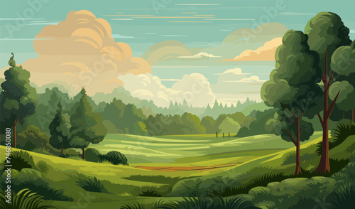 Forrest landscape with grass, nature inspired eco vector illustration