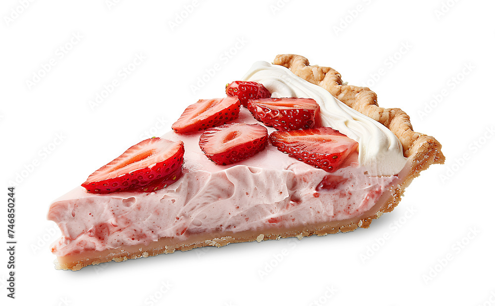 Delicious slice of strawberry cheesecake on a white background.