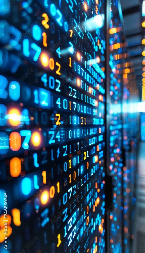 Obraz premium Digital data stream on pixelated interface with binary code and encryption concept, glowing dots