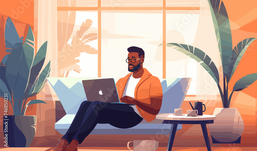 Freelancer guy with laptop, sitting on the sofa in comfortable mid century modern living room. Black young man working from home. Cartoon male character in interior scene vector illustration