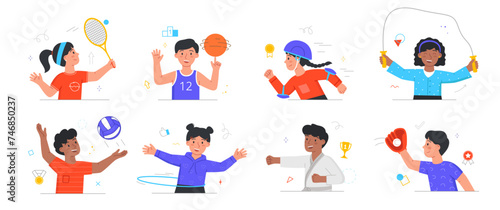 Happy children playing sport game. Set of boys and girls playing basketball, volleyball. Characters rollerblade, spin hoop and perform exercises. Cartoon flat vector collection isolated on white