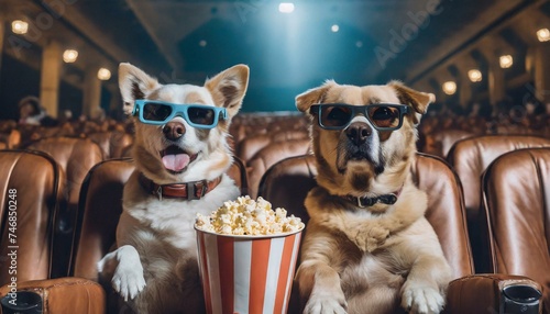 Pets in 3d glasses is eating popcorn and watching a movie in the cinema.  photo