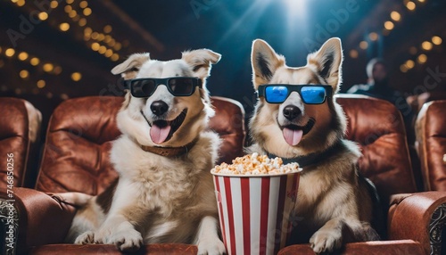 Pets in 3d glasses is eating popcorn and watching a movie in the cinema.