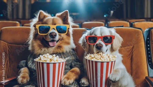 Pets in 3d glasses is eating popcorn and watching a movie in the cinema. photo