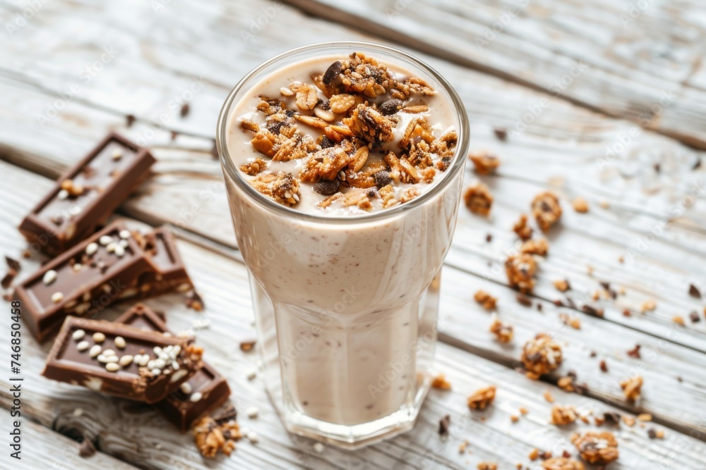 Protein shake and energy bars on white wooden table Protein shake and energy bars on white wooden table