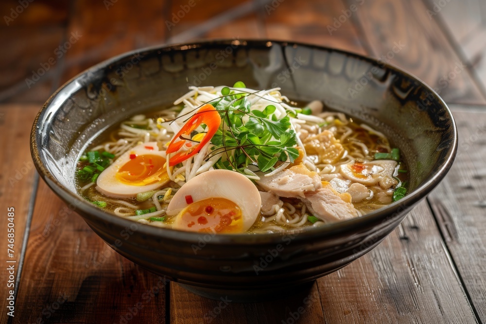 Ramen soup from Japan with chicken egg chives sprout on dark wood backdrop