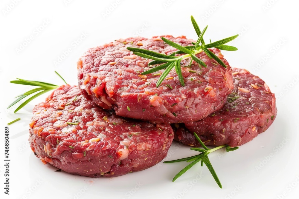 Raw and fried beef patty isolated on white background Raw and fried beef patty isolated on white background