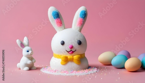 Cake decorated with sugar sprinkles near Easter bunny toy generative ai .
