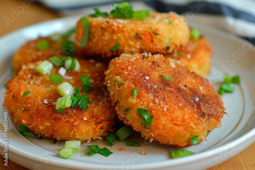 Quick and healthy vegetable cutlets with carrots green onions and parsley served on a wooden table