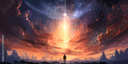 futuristic man standing and looking at the sky with a strange beam of light., digital art style, illustration painting