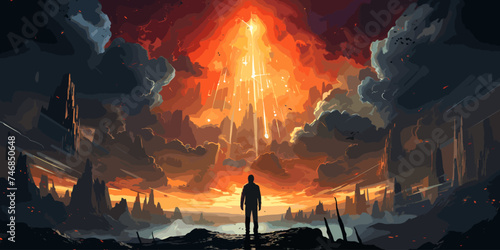 futuristic man standing and looking at the sky with a strange beam of light., digital art style, illustration painting