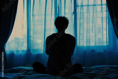 Sad Asian man suffering from depression sits alone on the bed in the bedroom