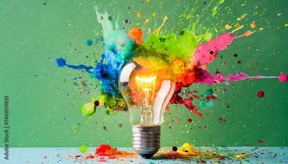 Creative concept light bulb explodes with colorful water colors on a light green background. Think different, creative idea. Productivity and creativity  - obrazy, fototapety, plakaty 