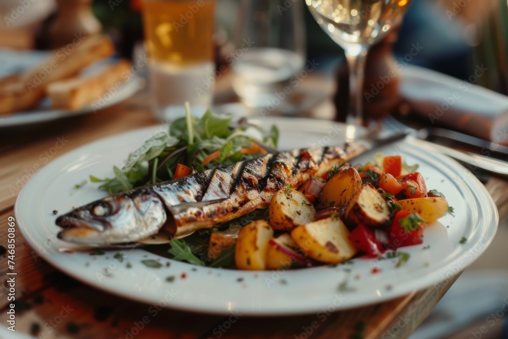 Sardines salad and potatoes in a Portuguese eatery Sardines salad and potatoes in a Portuguese eatery