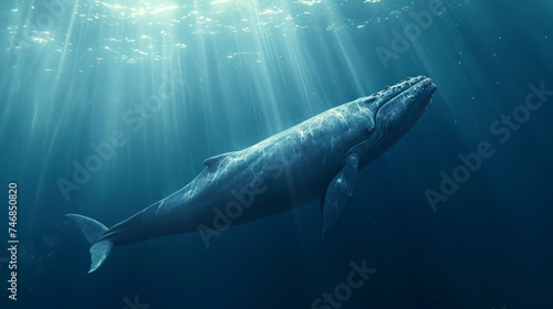 Craft a visual narrative set in a cinematically styled deep blue sea. Envision a colossal blue whale gliding through the water  illuminated by sunbeams that penetrate the ocean s surface