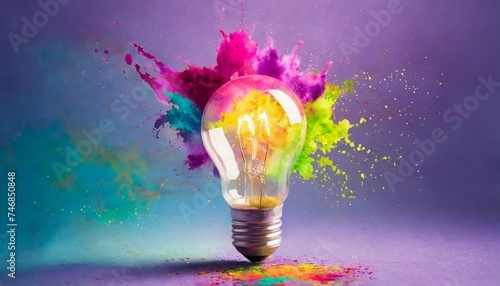 Creative concept light bulb explodes with colorful water colors on a light purple background. Think different, creative idea. Productivity and creativity  photo