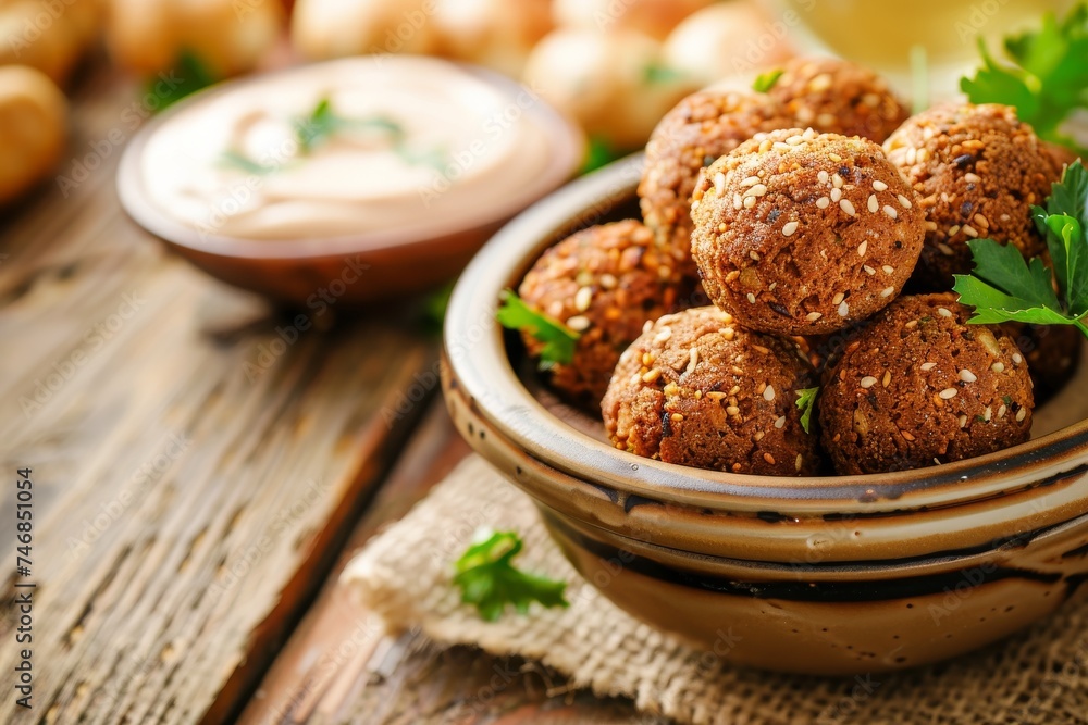 Selective focus on wooden background fried falafels with dip Selective focus on wooden background fried falafels with dip
