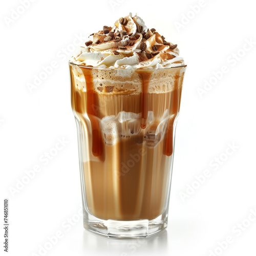 Frappe coffee with whipped cream, chocolate and caramel in a beautiful glass. 