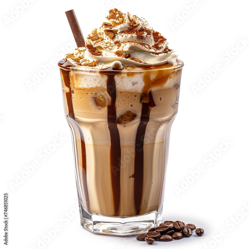 Frappe coffee with whipped cream, chocolate and caramel in a beautiful glass. 
