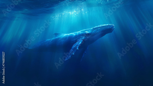 Craft a visual narrative set in a cinematically styled deep blue sea. Envision a colossal blue whale gliding through the water  illuminated by sunbeams that penetrate the ocean s surface
