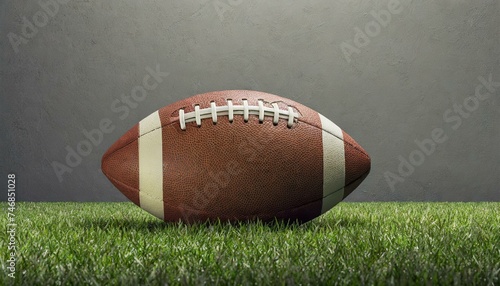 An american football ball standing over green grass in front of a gray wall.