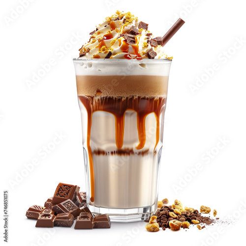 Frappe coffee with whipped cream, chocolate and caramel in a beautiful glass. 