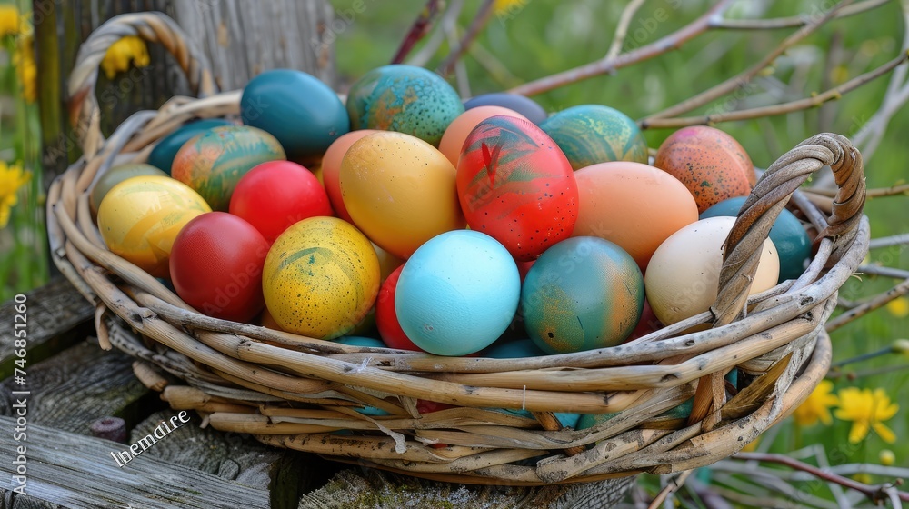 Basket of colorful chicken eggs on a wooden table in the chicken farm Basket of colorful chicken eggs on a wooden table in the chicken farm