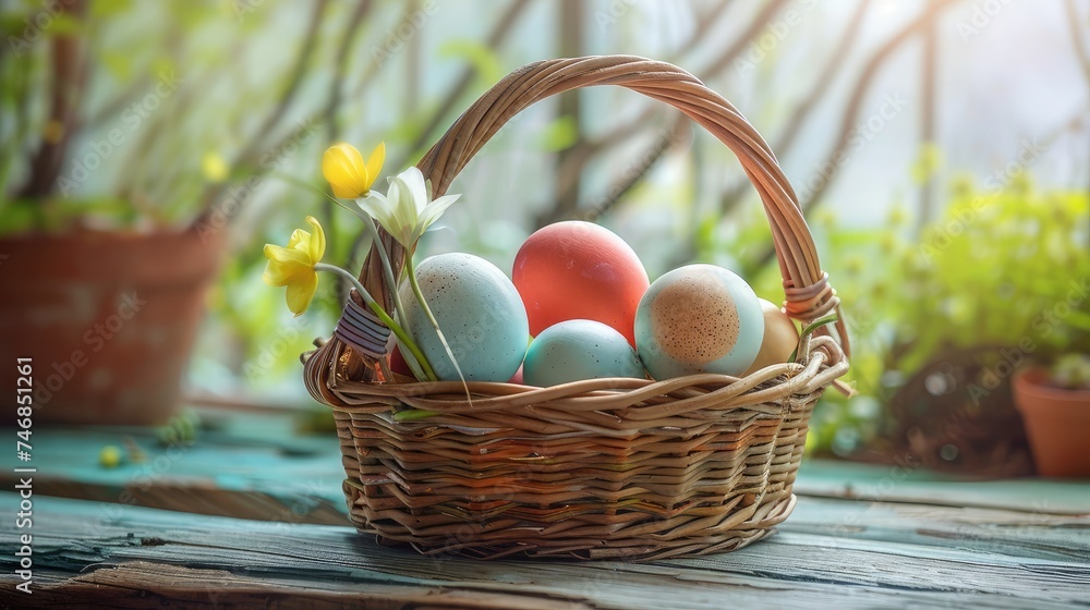 Basket of colorful chicken eggs on a wooden table in the chicken farm Basket of colorful chicken eggs on a wooden table in the chicken farm