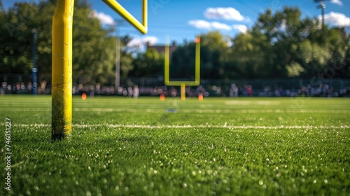 American football arena with yellow goal post, grass field and blurred fans at playground view.