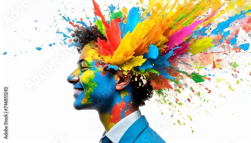 Colorful painted explosion in head. Concept of creative mind and imagination. Silhouette of human hand with colored fragments 