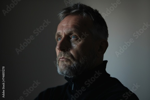 Serious mature Caucasian man in black poloneck silhouette photo