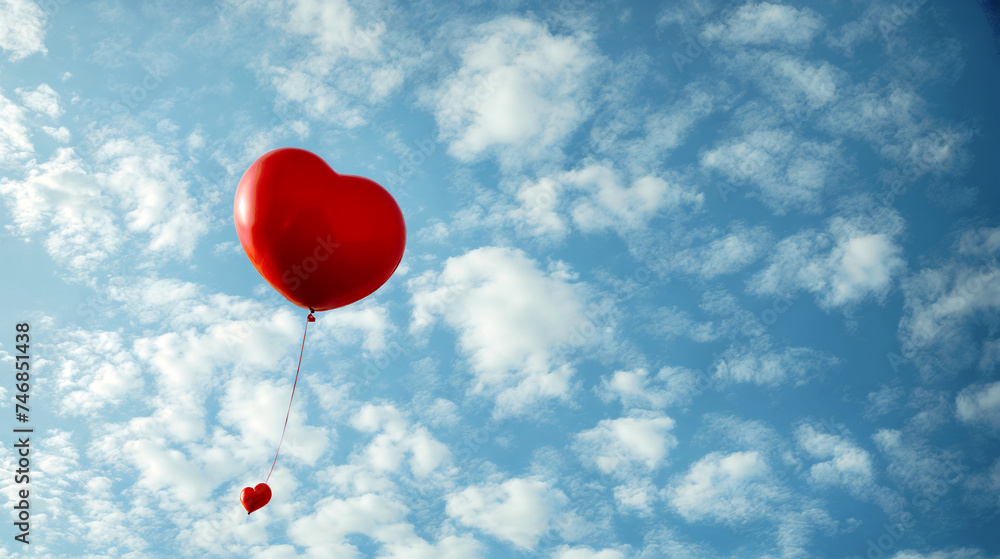A vibrant red, heart-shaped balloon floats upwards against a backdrop of a clear blue sky dotted with fluffy white clouds, evoking a sense of romance and freedom - Generative AI
