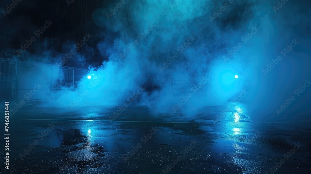 Fototapeta premium Dark empty scene, blue neon searchlight light, wet asphalt, smoke, night view, rays.