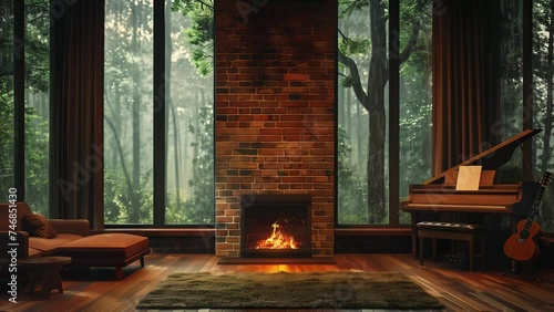 luxury cozy cabin in the woods, interior with relaxing fireplace, perfect for ambience and relaxing meditation videos photo