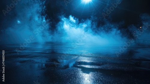 Dark empty scene, blue neon searchlight light, wet asphalt, smoke, night view, rays. © buraratn