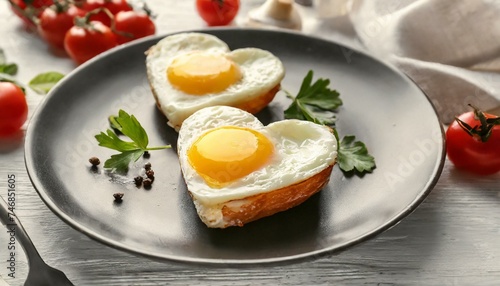 Heart-shaped fried eggs on plate