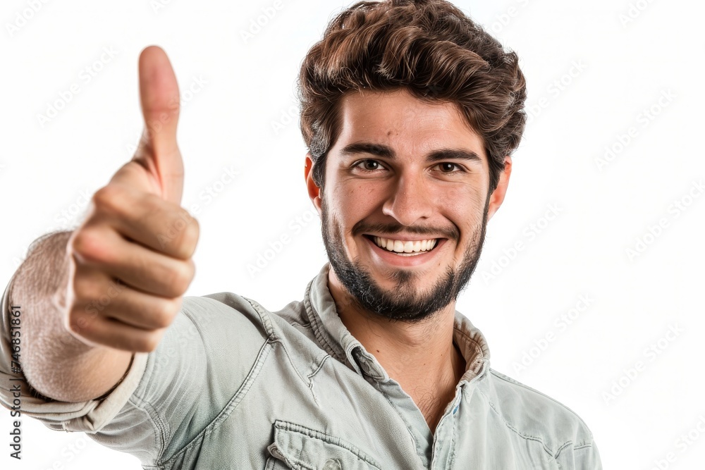 Smiling man giving a thumbs up white background Smiling man giving a thumbs up white background