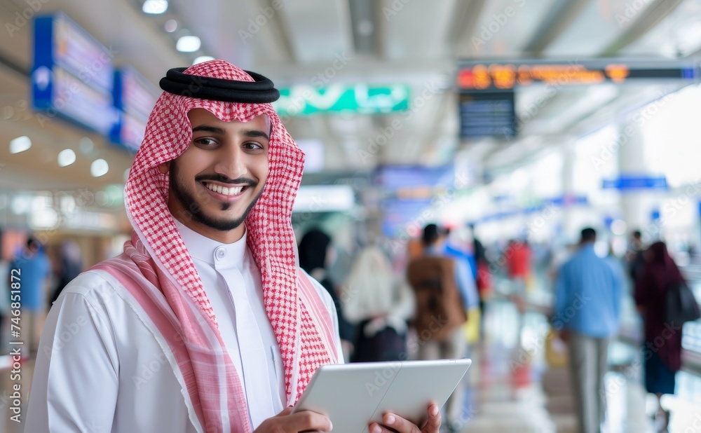 Smiling Middle Eastern man with tablet posing at airport terminal for flight boarding Smiling Middle Eastern man with tablet posing at airport terminal for flight boarding