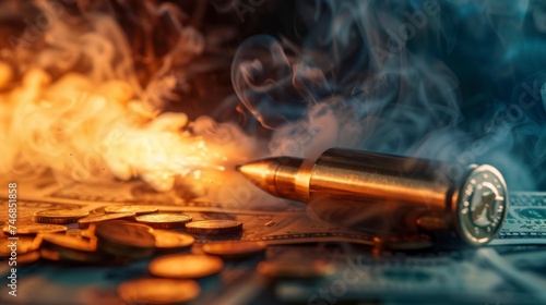 bullet fired from a gun with fire behind at high speed with fire on top of real dollars photo