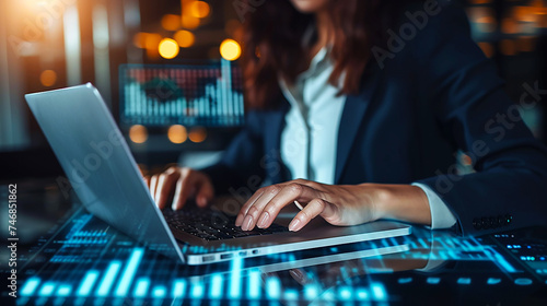 Closeup of hands of businesswoman working on stock investment on laptop