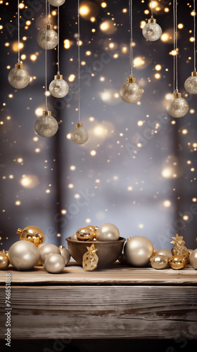 Festive Display of Silver and Gold Jingle Bells on Rustic Wooden Background with Christmas Lights