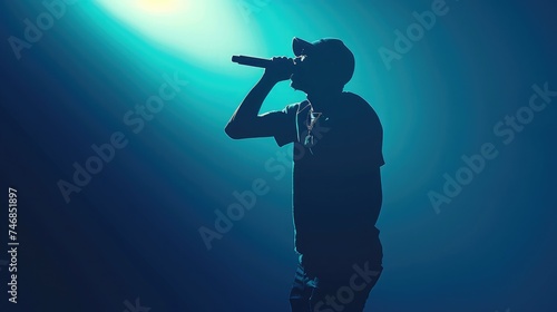 Silhouette of rap singer performing on stage. Bright blue background with hip hop artist performing on concert in night club photo