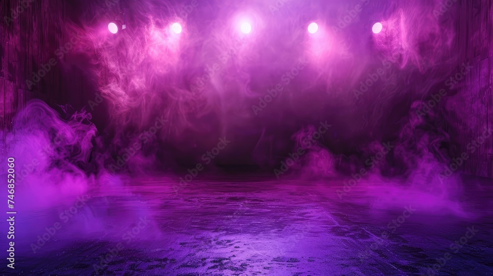 The dark stage shows, purple background, an empty dark scene, neon light, spotlights The asphalt floor and studio room with smoke float up the interior texture for display products