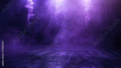 The dark stage shows  purple background  an empty dark scene  neon light  spotlights The asphalt floor and studio room with smoke float up the interior texture for display products