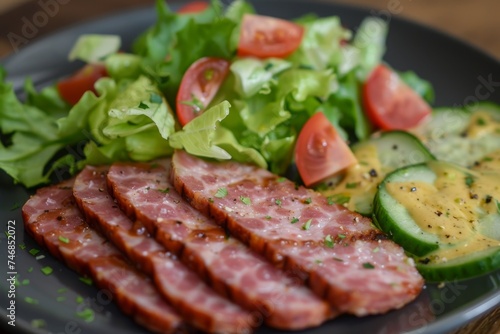 Spam slices with mustard and salad